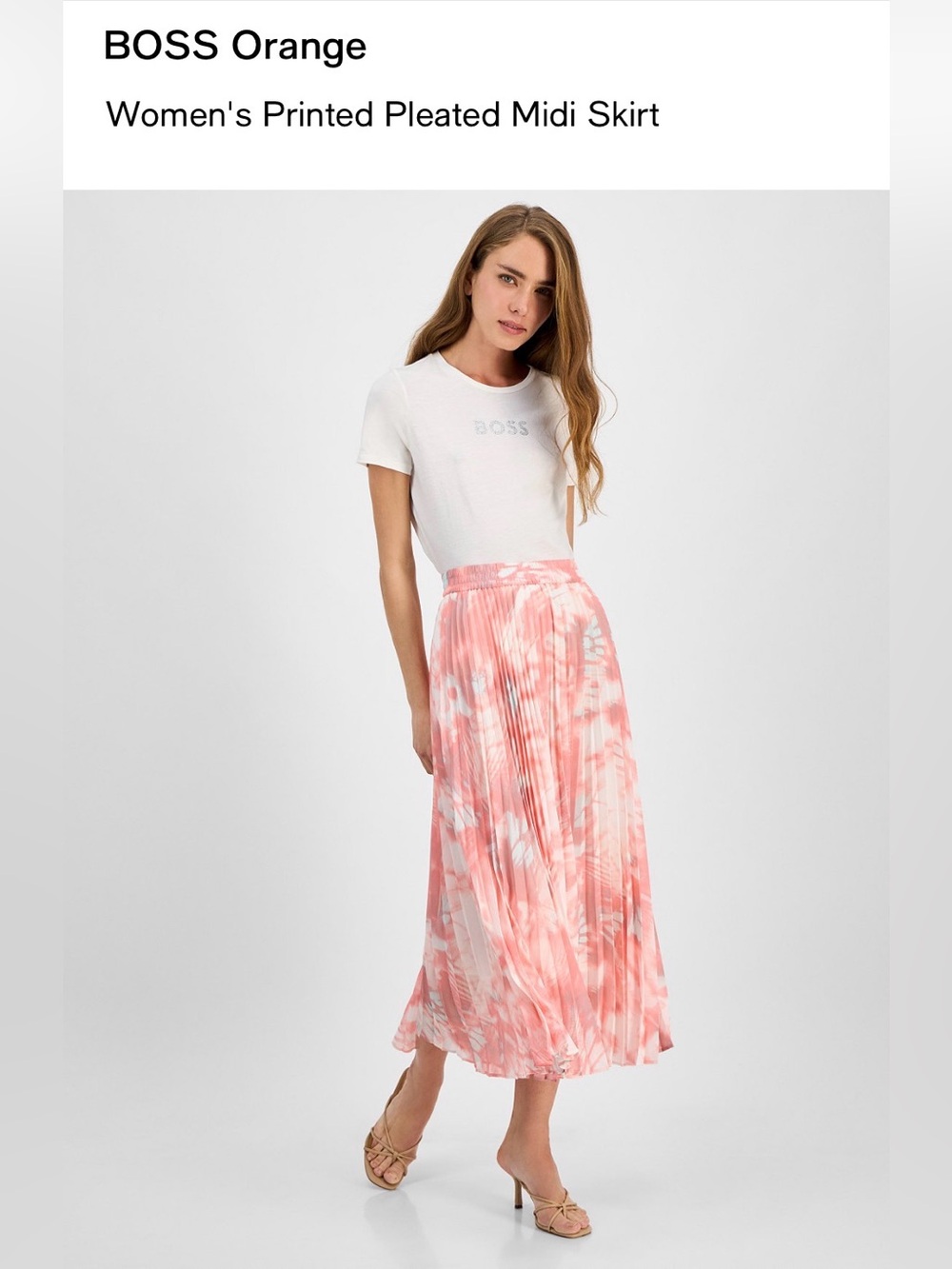 BOSS Coral-Pink Printed Pleated Midi Skirt